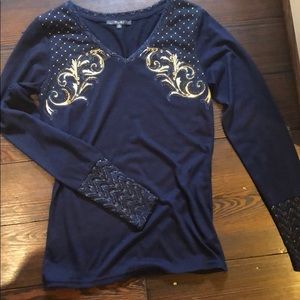 ✨Miss Me✨ navy blue shirt with gold beaded detail